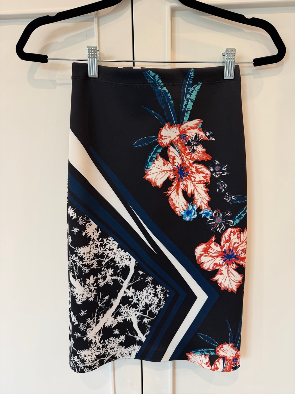 Clover Canyon Black Pencil Skirt with Coral and Blue Floral Print